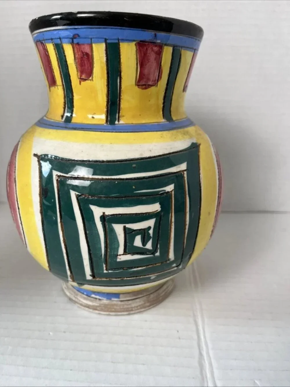 Vintage Italy Art Pottery Vase MCM Geometric Spiral Hand Painted 7